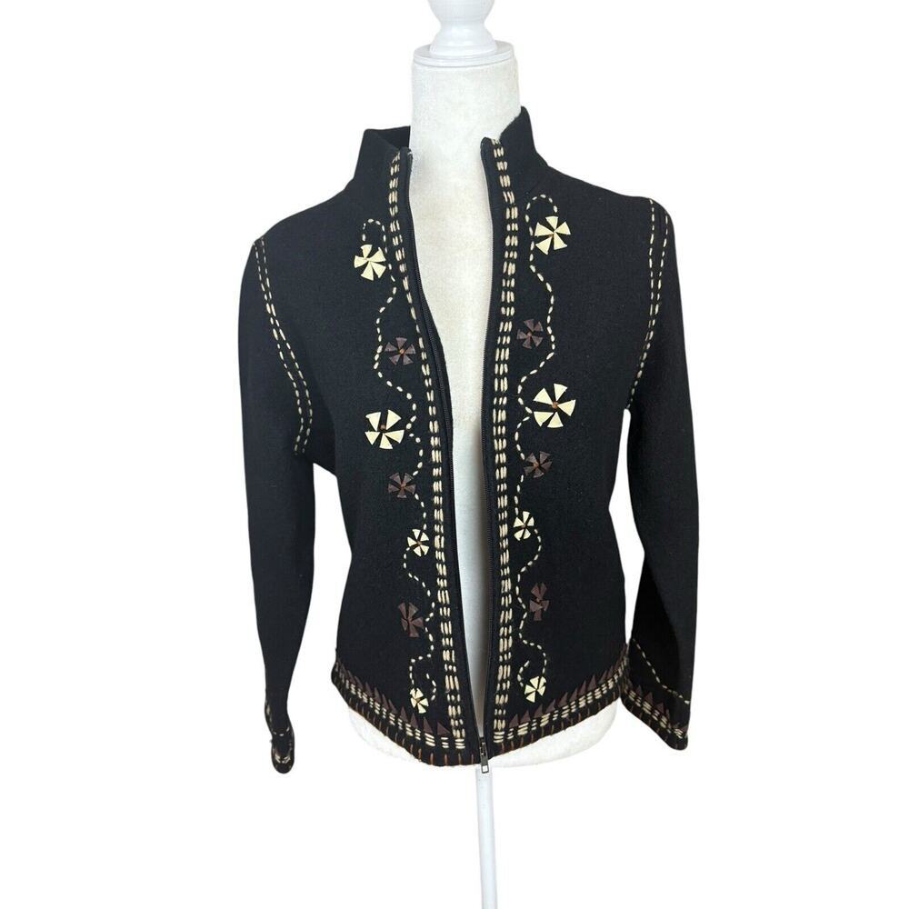 Lauren Hansen Sweater Womens S Black Wool Leather Floral Embroidered Vintage - Picture 4 of 14
